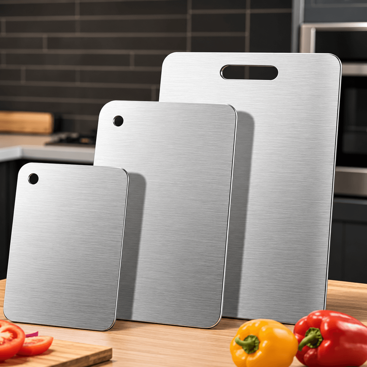 Steelward stainless steel cutting boards in three sizes on a kitchen counter